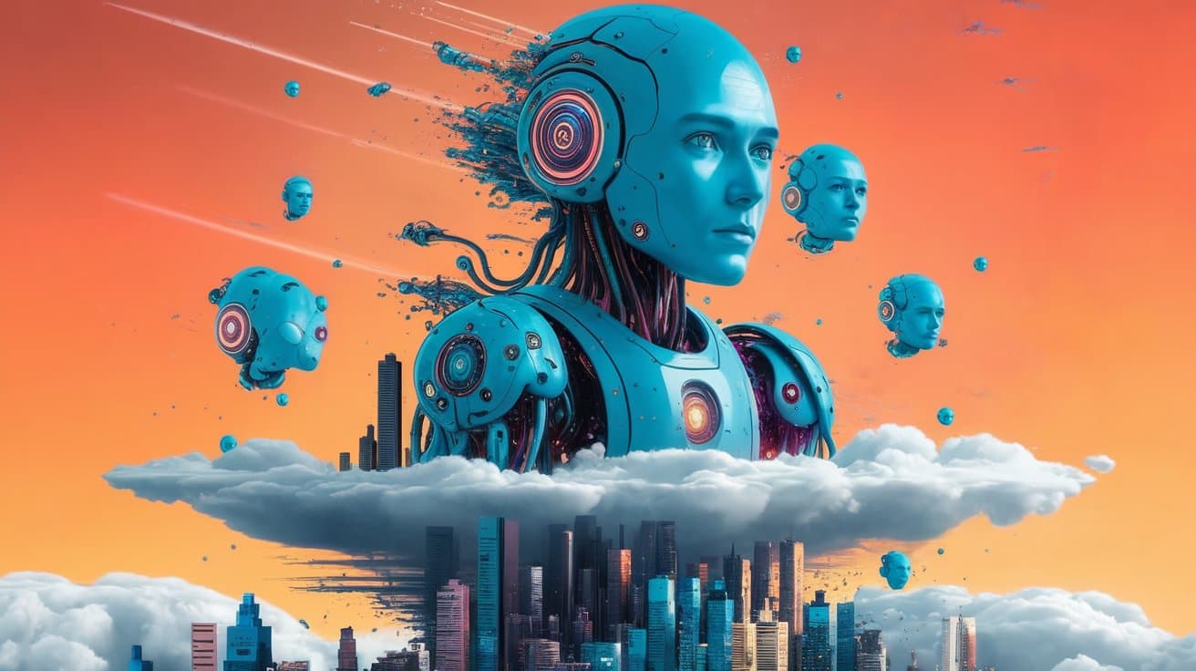 A robot soars above a city skyline, surrounded by fluffy clouds in a bright blue sky.