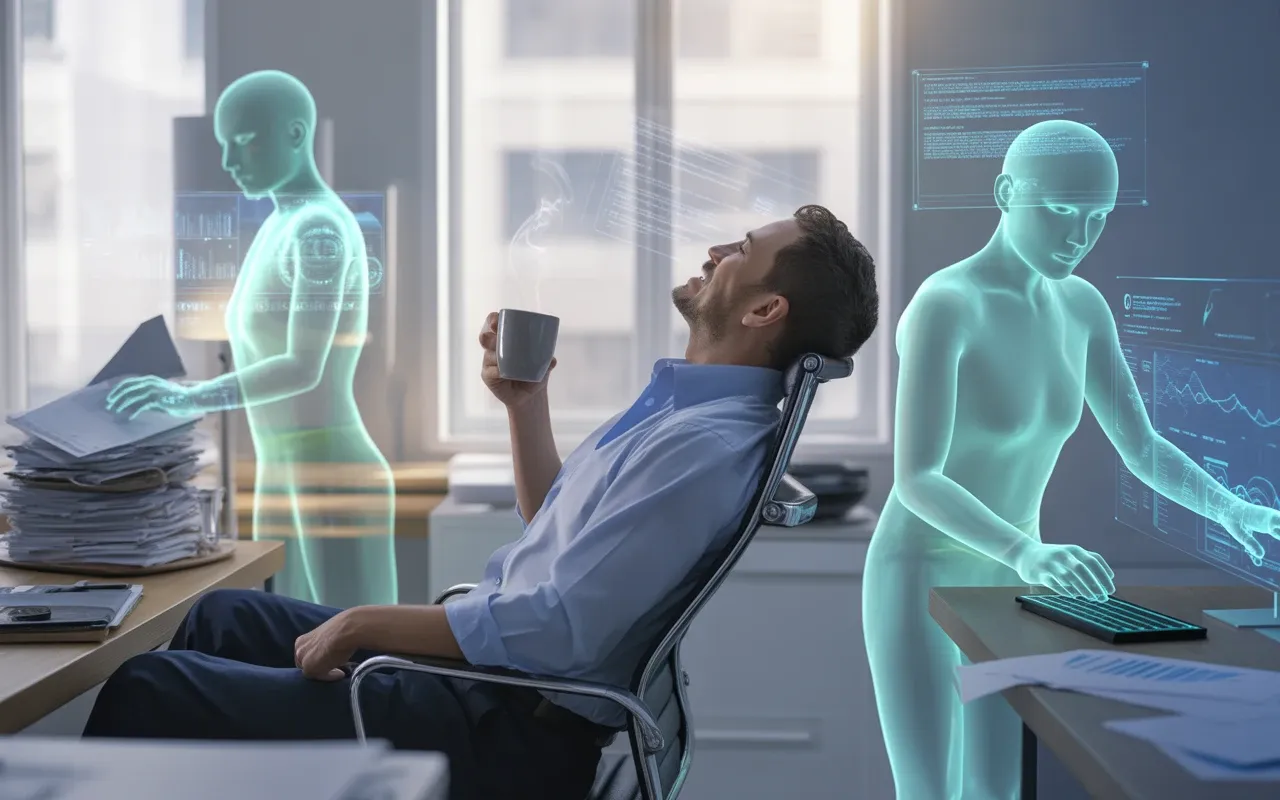 Relieved professional in modern office sips coffee while glowing AI agents sort documents and analyze data charts